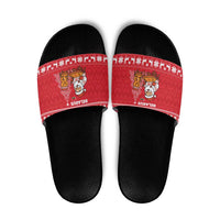 Belarus Christmas Slide Sandals with Santa Gingerbread Playing Chess National Emblem and Nordic Pattern Design - Shopicos