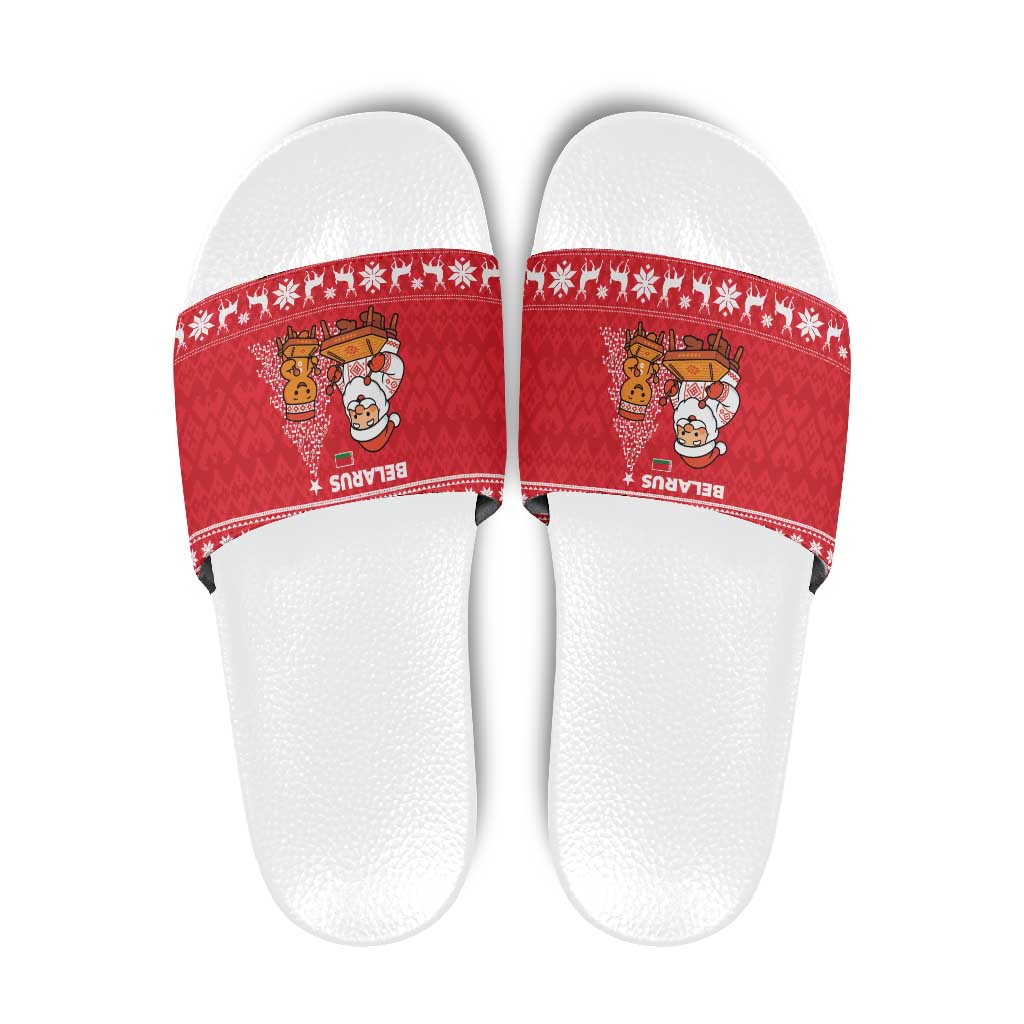 Belarus Christmas Slide Sandals with Santa Gingerbread Playing Chess National Emblem and Nordic Pattern Design - Shopicos