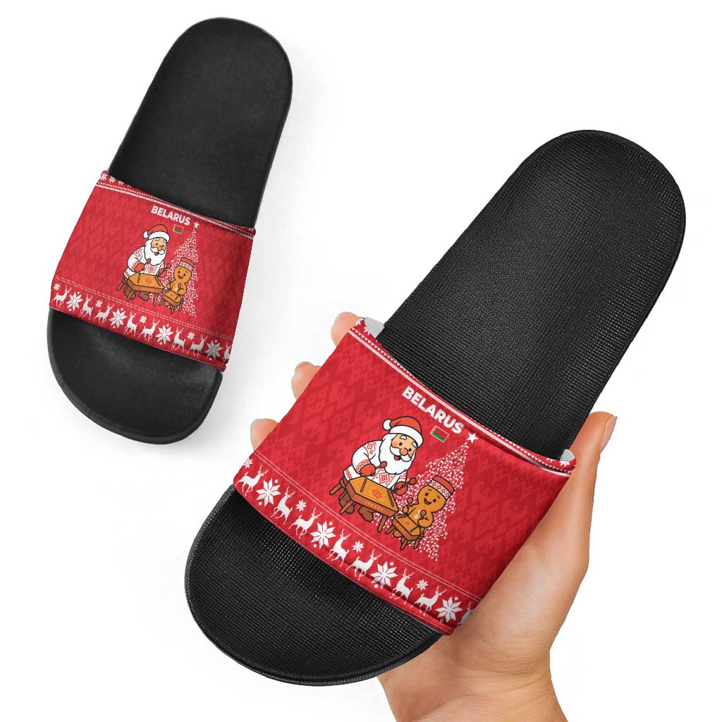 Belarus Christmas Slide Sandals with Santa Gingerbread Playing Chess National Emblem and Nordic Pattern Design - Shopicos
