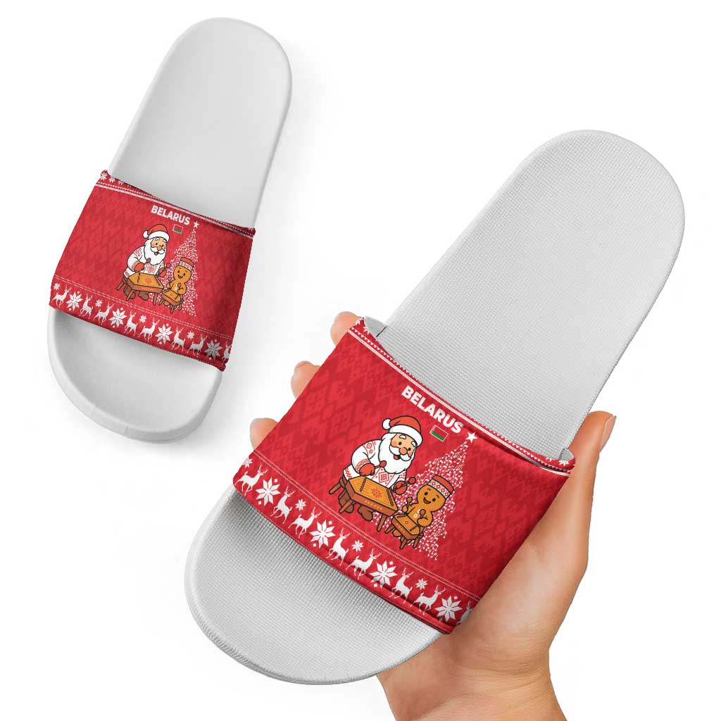 Belarus Christmas Slide Sandals with Santa Gingerbread Playing Chess National Emblem and Nordic Pattern Design - Shopicos