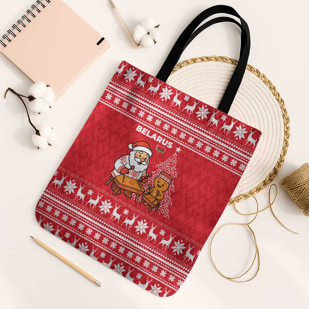 Belarus Christmas Tote Bag with Santa Gingerbread Playing Chess National Emblem and Nordic Pattern Design - Shopicos
