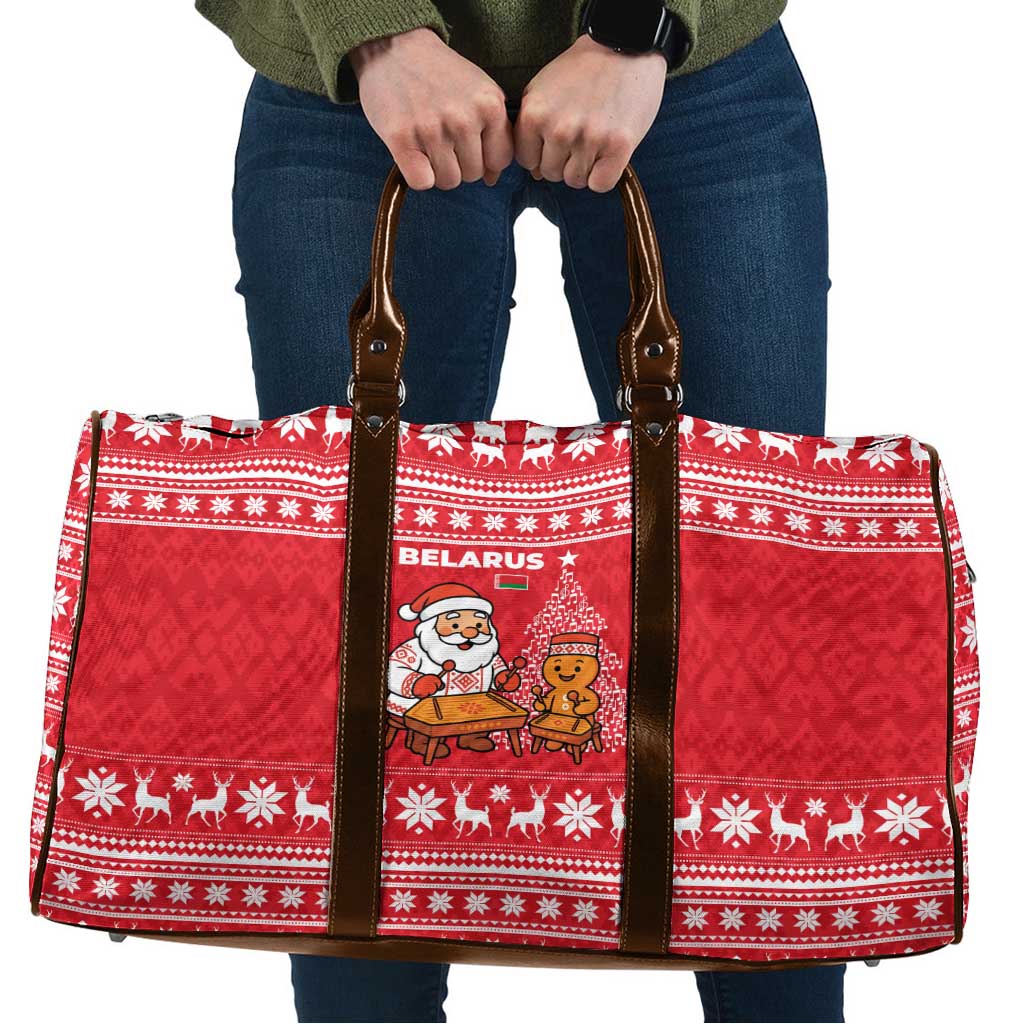 Belarus Christmas Travel Bag with Santa Gingerbread Playing Chess National Emblem and Nordic Pattern Design - Shopicos