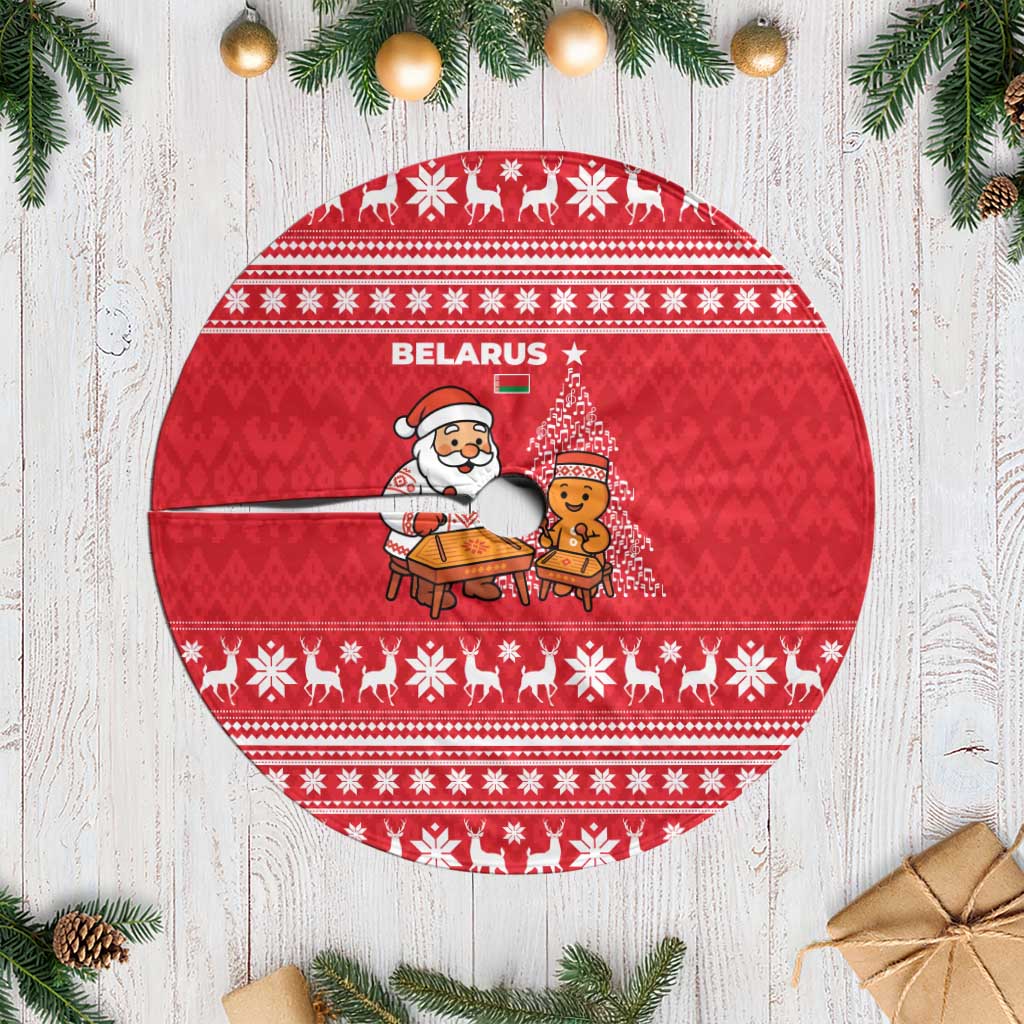 Belarus Christmas Tree Skirt with Santa Gingerbread Playing Chess National Emblem and Nordic Pattern Design - Shopicos