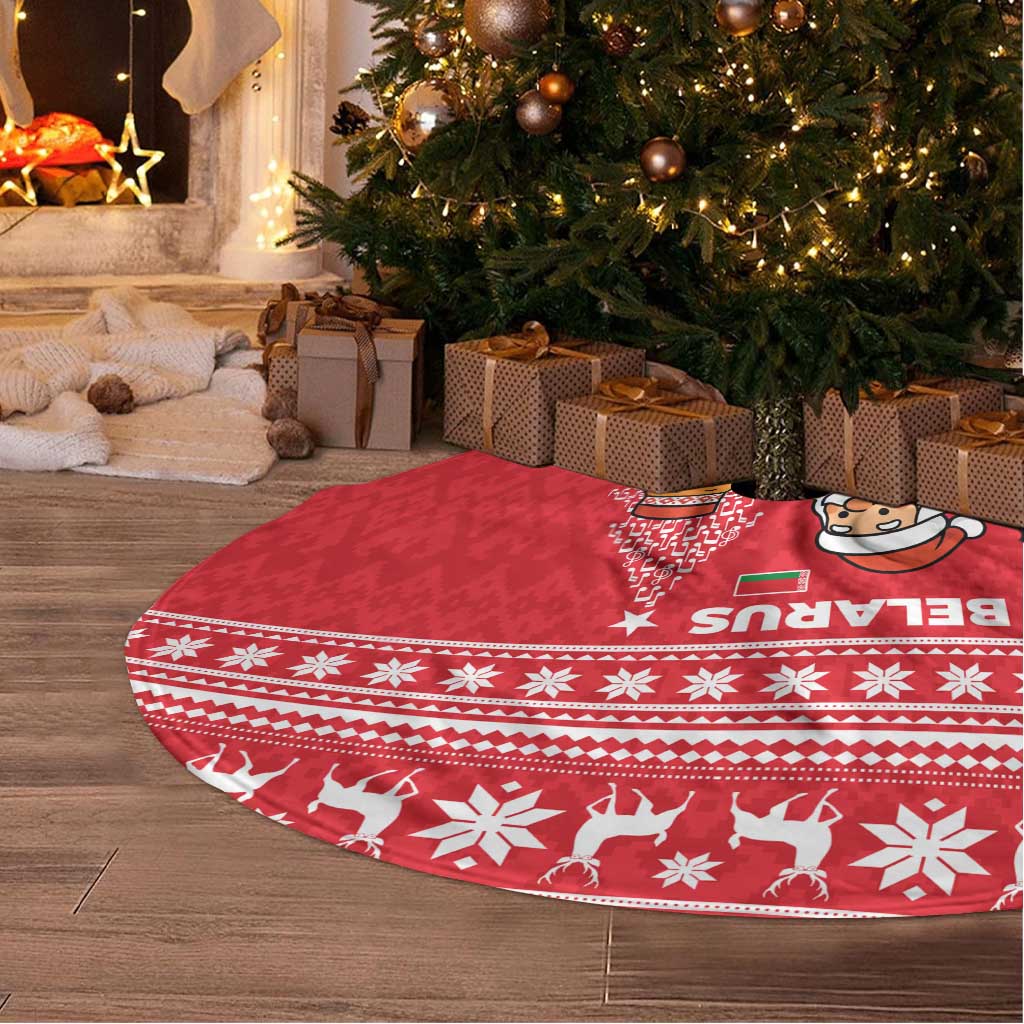 Belarus Christmas Tree Skirt with Santa Gingerbread Playing Chess National Emblem and Nordic Pattern Design - Shopicos