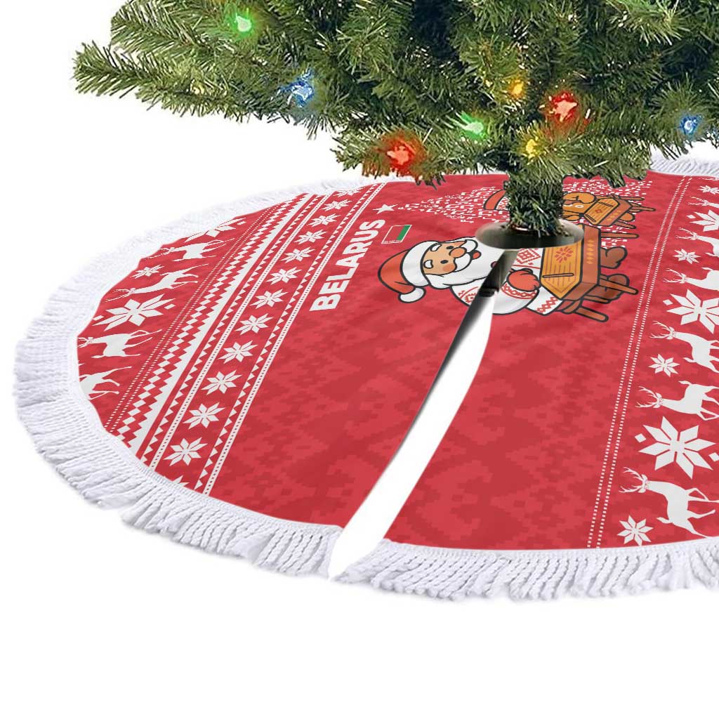 Belarus Christmas Tree Skirt with Santa Gingerbread Playing Chess National Emblem and Nordic Pattern Design - Shopicos