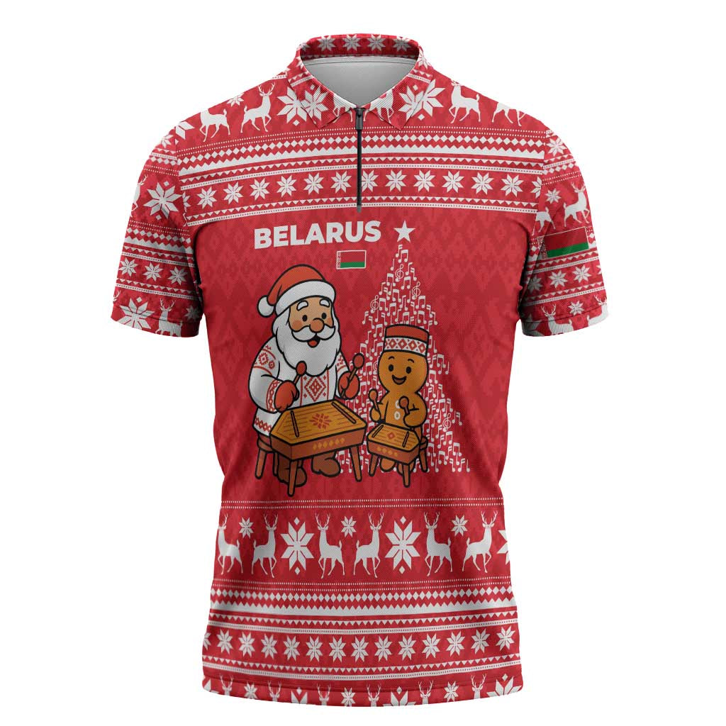 Belarus Christmas Zipper Polo Shirt with Santa Gingerbread Playing Chess National Emblem and Nordic Pattern Design - Shopicos