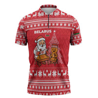 Belarus Christmas Zipper Polo Shirt with Santa Gingerbread Playing Chess National Emblem and Nordic Pattern Design - Shopicos