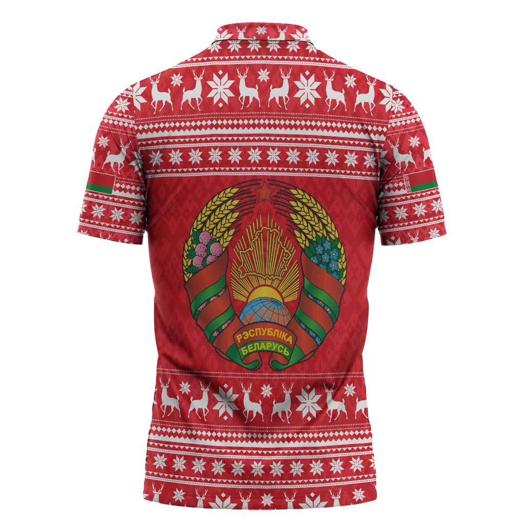 Belarus Christmas Zipper Polo Shirt with Santa Gingerbread Playing Chess National Emblem and Nordic Pattern Design - Shopicos