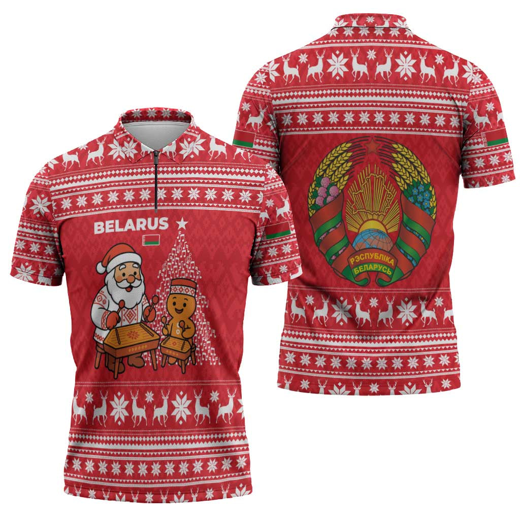 Belarus Christmas Zipper Polo Shirt with Santa Gingerbread Playing Chess National Emblem and Nordic Pattern Design - Shopicos