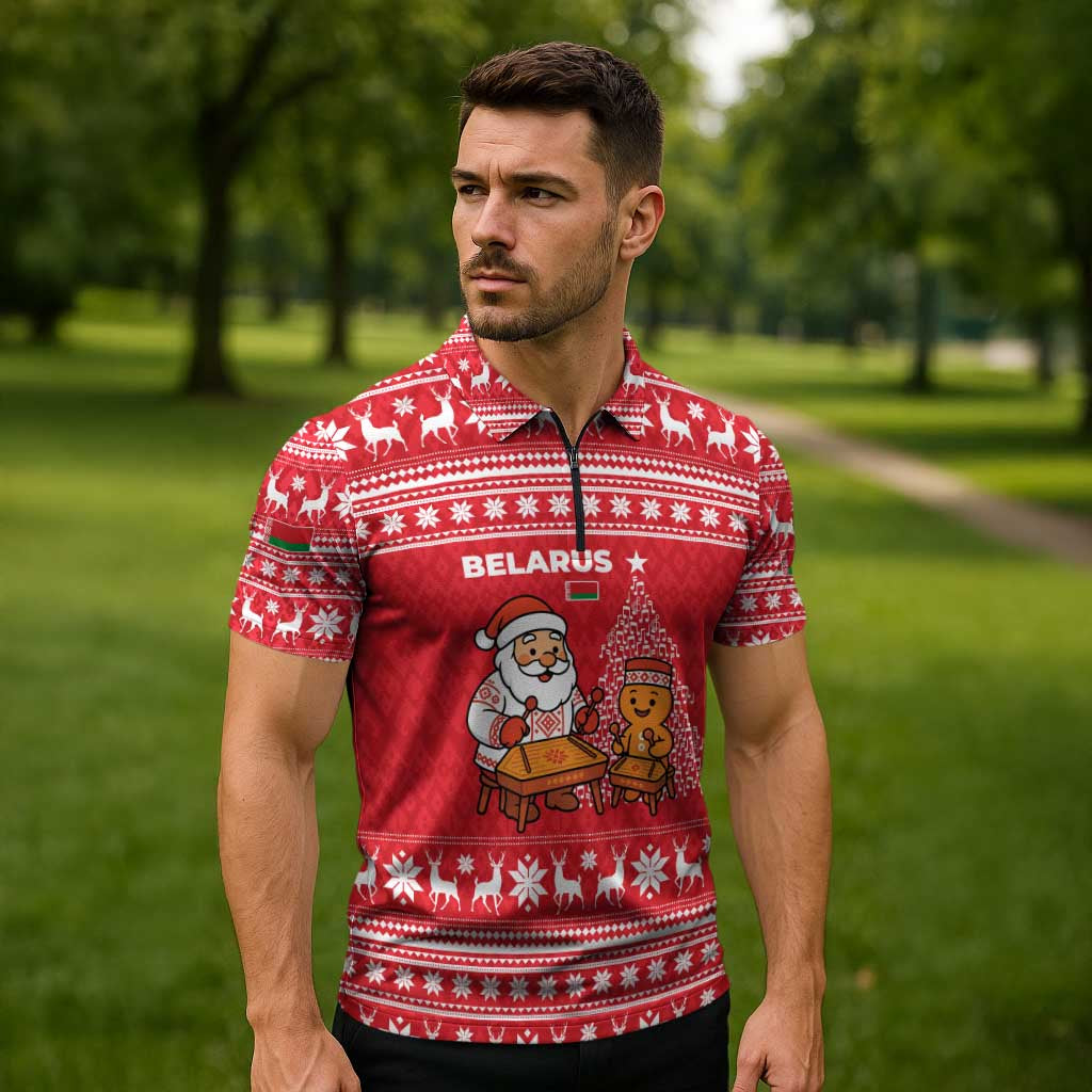 Belarus Christmas Zipper Polo Shirt with Santa Gingerbread Playing Chess National Emblem and Nordic Pattern Design - Shopicos
