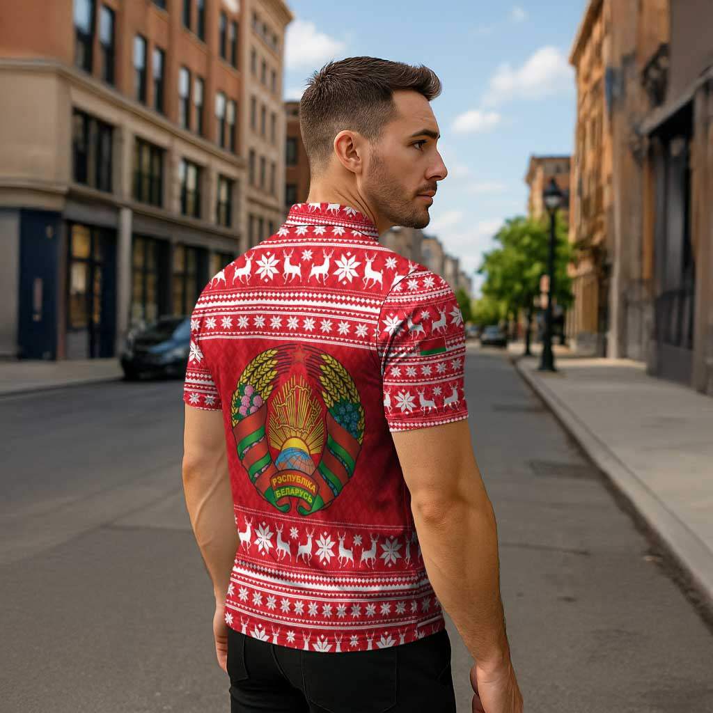 Belarus Christmas Zipper Polo Shirt with Santa Gingerbread Playing Chess National Emblem and Nordic Pattern Design - Shopicos