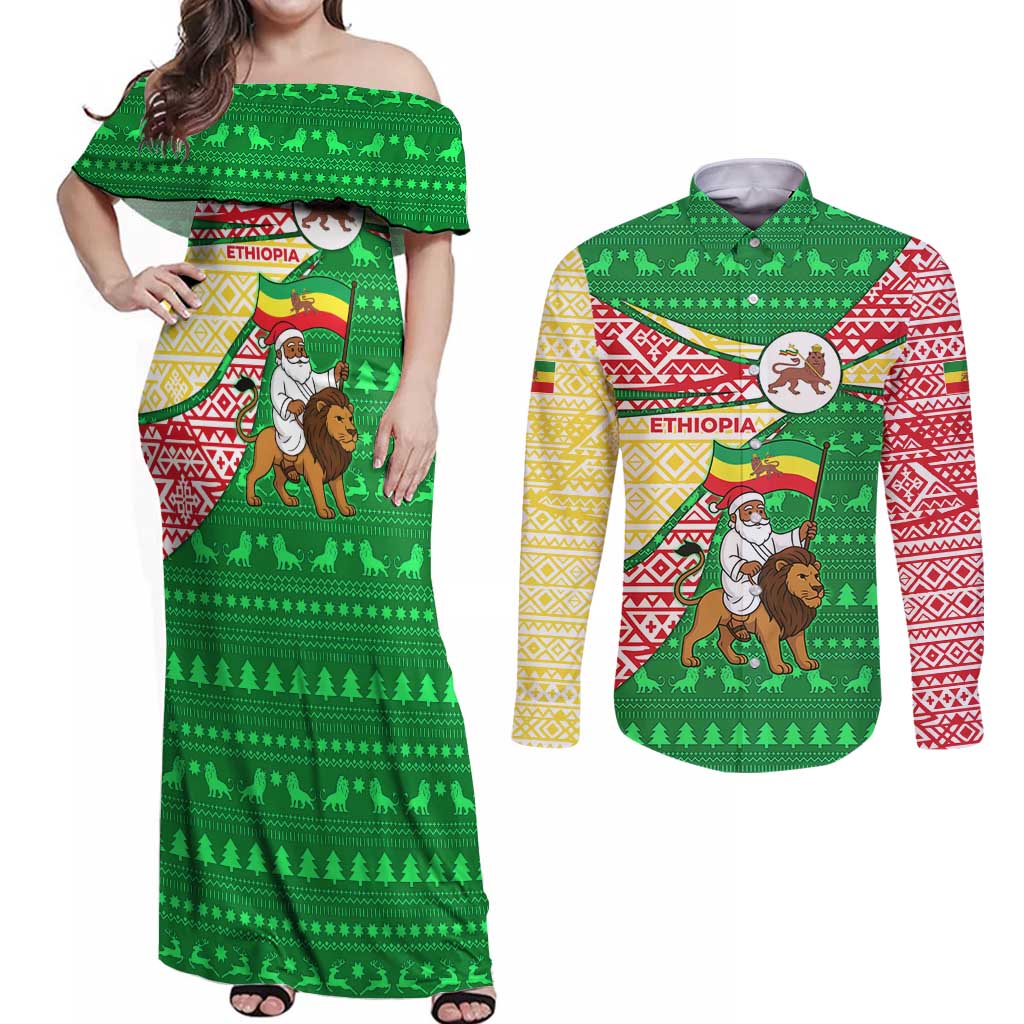 Ethiopia Christmas Couples Matching Off Shoulder Maxi Dress and Long Sleeve Button Shirt with Santa Riding Lion Ethiopian Flag Colors and Tribal Pattern Design - Shopicos
