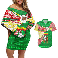 Ethiopia Christmas Couples Matching Off Shoulder Short Dress and Hawaiian Shirt with Santa Riding Lion Ethiopian Flag Colors and Tribal Pattern Design - Shopicos