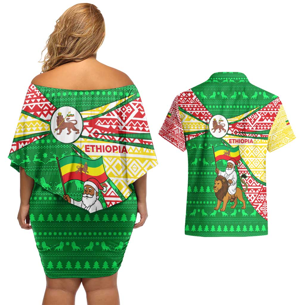 Ethiopia Christmas Couples Matching Off Shoulder Short Dress and Hawaiian Shirt with Santa Riding Lion Ethiopian Flag Colors and Tribal Pattern Design - Shopicos