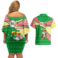 Ethiopia Christmas Couples Matching Off Shoulder Short Dress and Hawaiian Shirt with Santa Riding Lion Ethiopian Flag Colors and Tribal Pattern Design - Shopicos