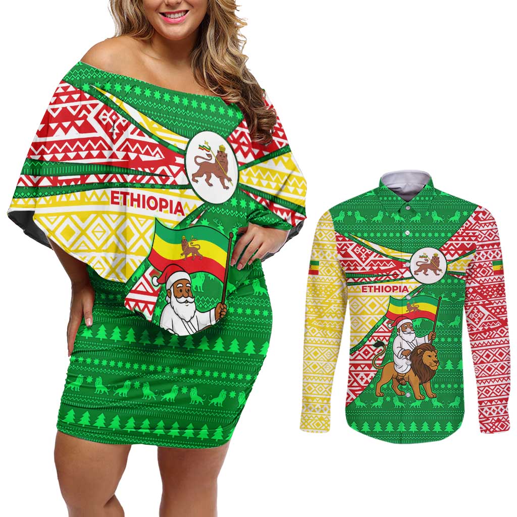 Ethiopia Christmas Couples Matching Off Shoulder Short Dress and Long Sleeve Button Shirt with Santa Riding Lion Ethiopian Flag Colors and Tribal Pattern Design - Shopicos