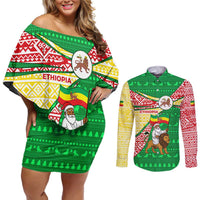 Ethiopia Christmas Couples Matching Off Shoulder Short Dress and Long Sleeve Button Shirt with Santa Riding Lion Ethiopian Flag Colors and Tribal Pattern Design - Shopicos