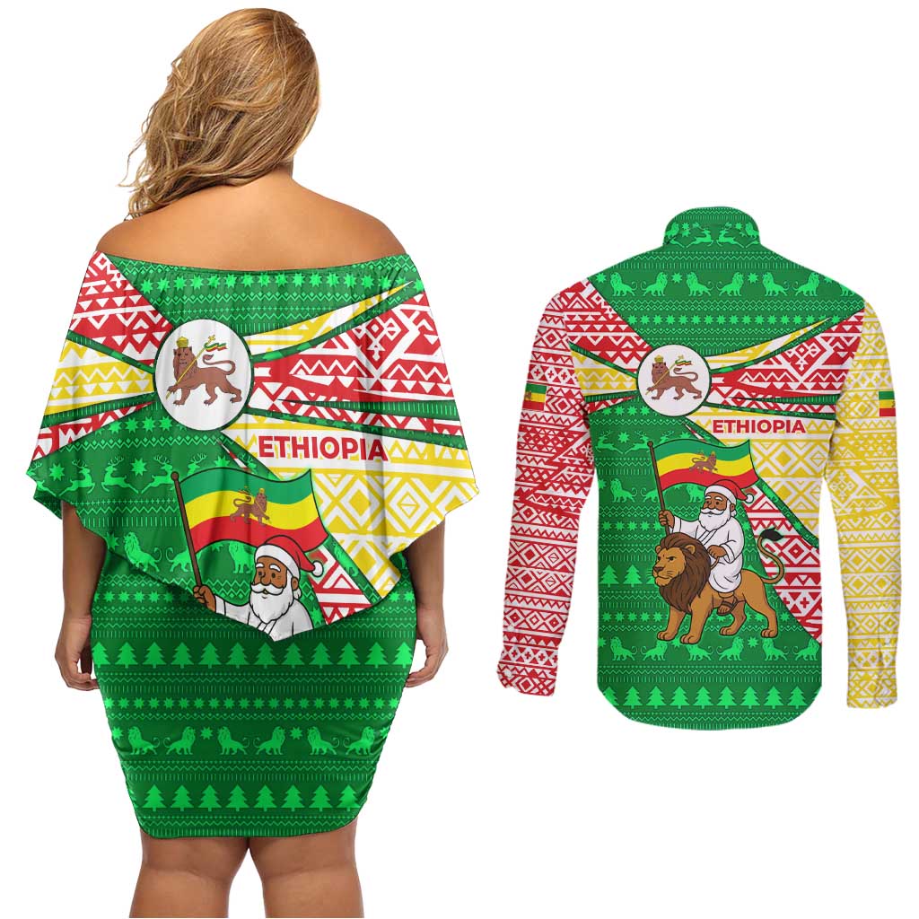 Ethiopia Christmas Couples Matching Off Shoulder Short Dress and Long Sleeve Button Shirt with Santa Riding Lion Ethiopian Flag Colors and Tribal Pattern Design - Shopicos