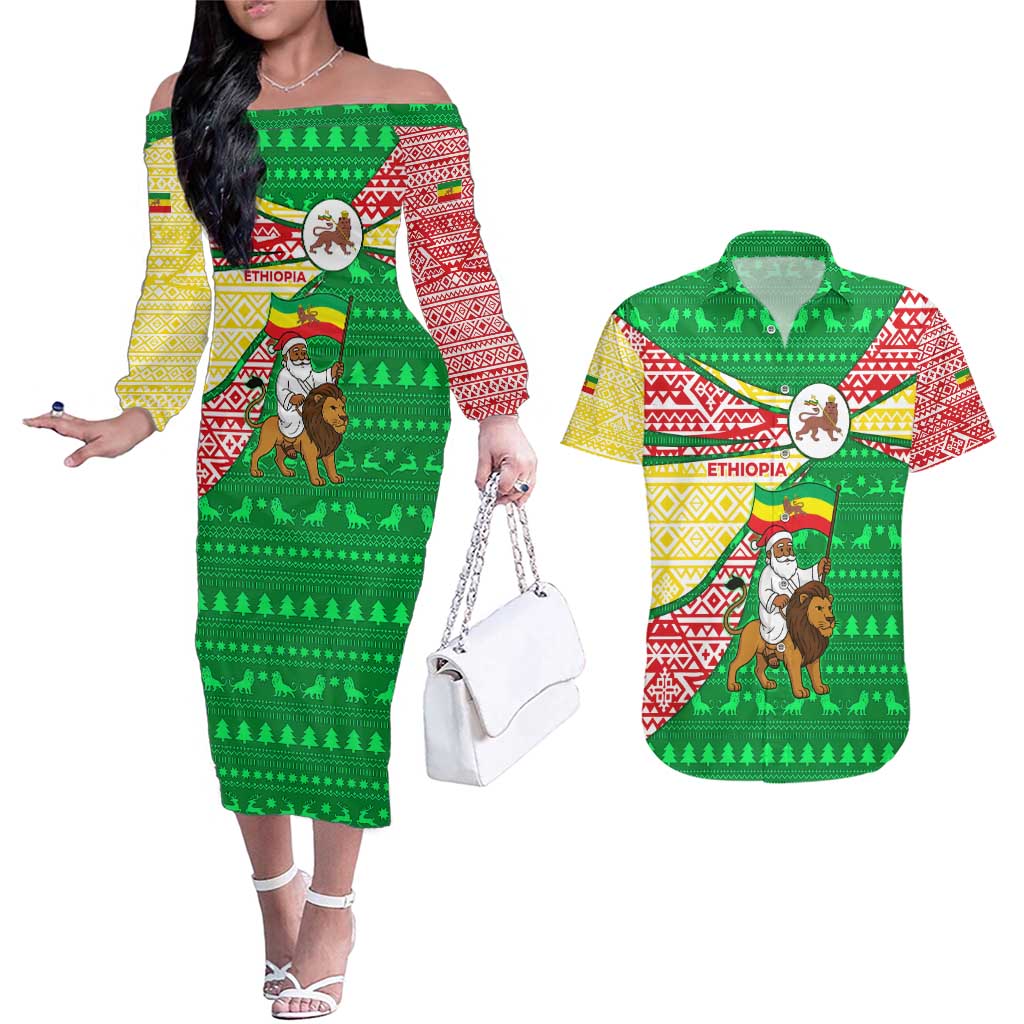Ethiopia Christmas Couples Matching Off The Shoulder Long Sleeve Dress and Hawaiian Shirt with Santa Riding Lion Ethiopian Flag Colors and Tribal Pattern Design - Shopicos