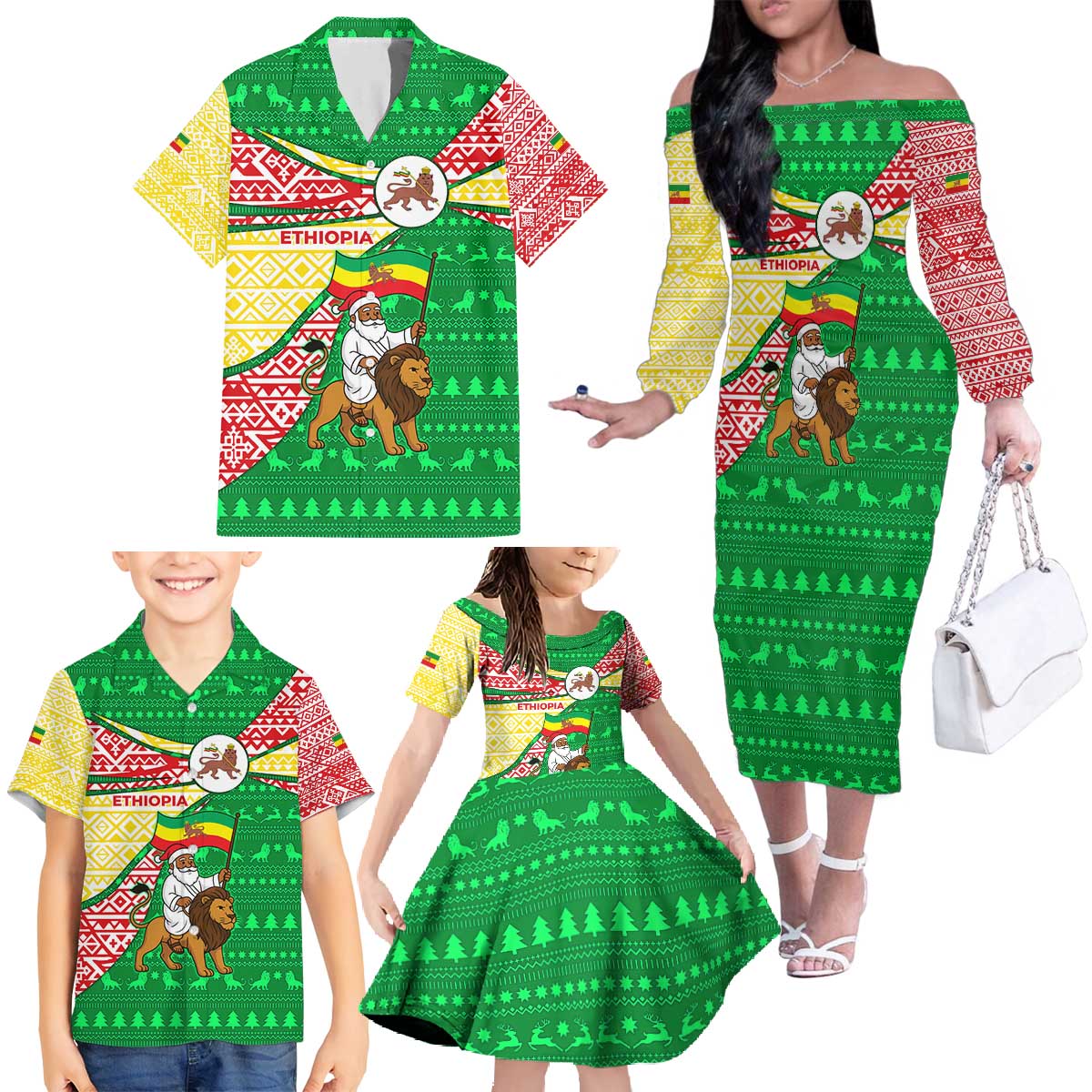 Ethiopia Christmas Family Matching Off The Shoulder Long Sleeve Dress and Hawaiian Shirt with Santa Riding Lion Ethiopian Flag Colors and Tribal Pattern Design - Shopicos
