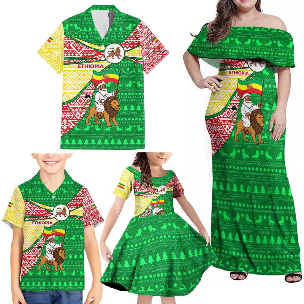 Ethiopia Christmas Family Matching Off Shoulder Maxi Dress and Hawaiian Shirt with Santa Riding Lion Ethiopian Flag Colors and Tribal Pattern Design - Shopicos
