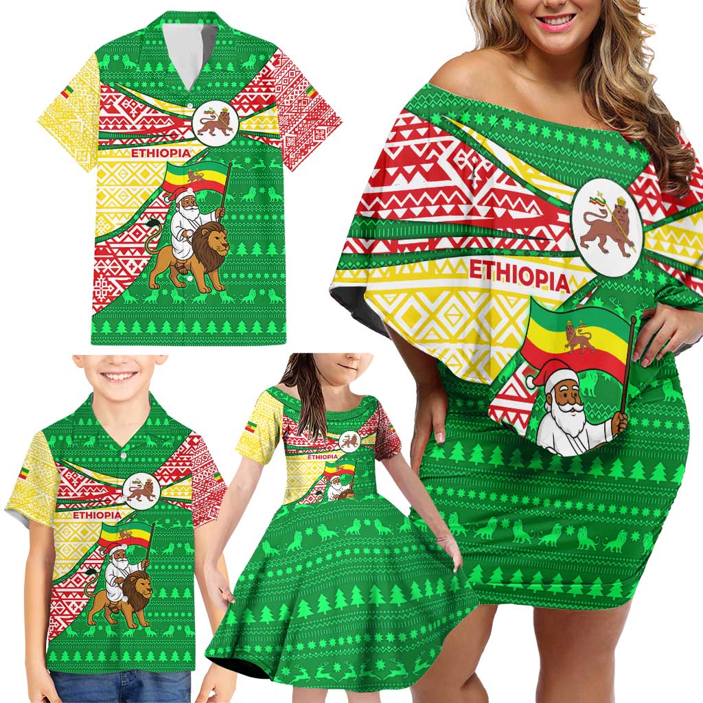 Ethiopia Christmas Family Matching Off Shoulder Short Dress and Hawaiian Shirt with Santa Riding Lion Ethiopian Flag Colors and Tribal Pattern Design - Shopicos