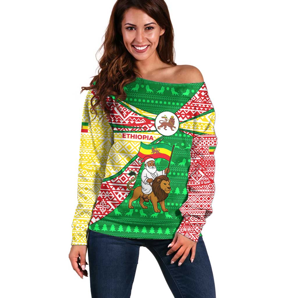 Ethiopia Christmas Off Shoulder Sweater with Santa Riding Lion Ethiopian Flag Colors and Tribal Pattern Design - Shopicos