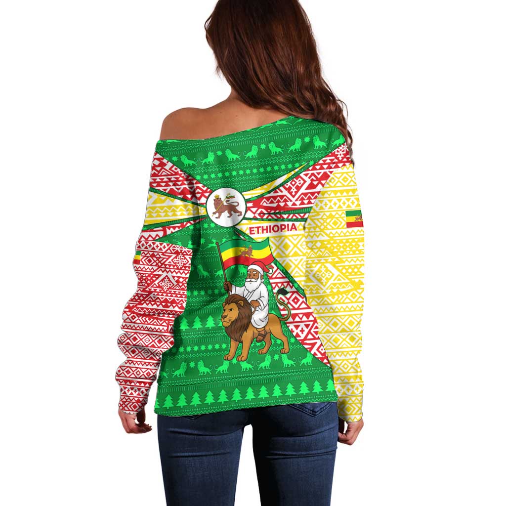 Ethiopia Christmas Off Shoulder Sweater with Santa Riding Lion Ethiopian Flag Colors and Tribal Pattern Design - Shopicos