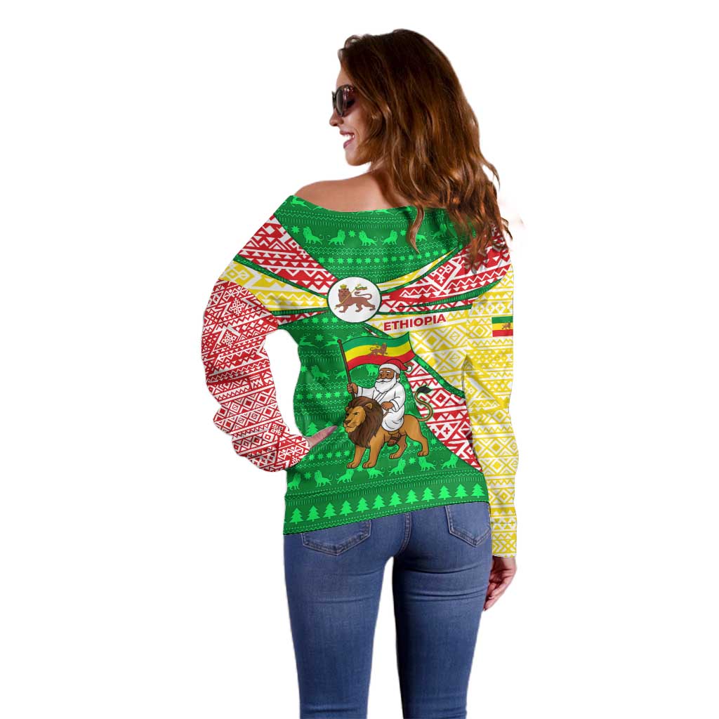 Ethiopia Christmas Off Shoulder Sweater with Santa Riding Lion Ethiopian Flag Colors and Tribal Pattern Design - Shopicos