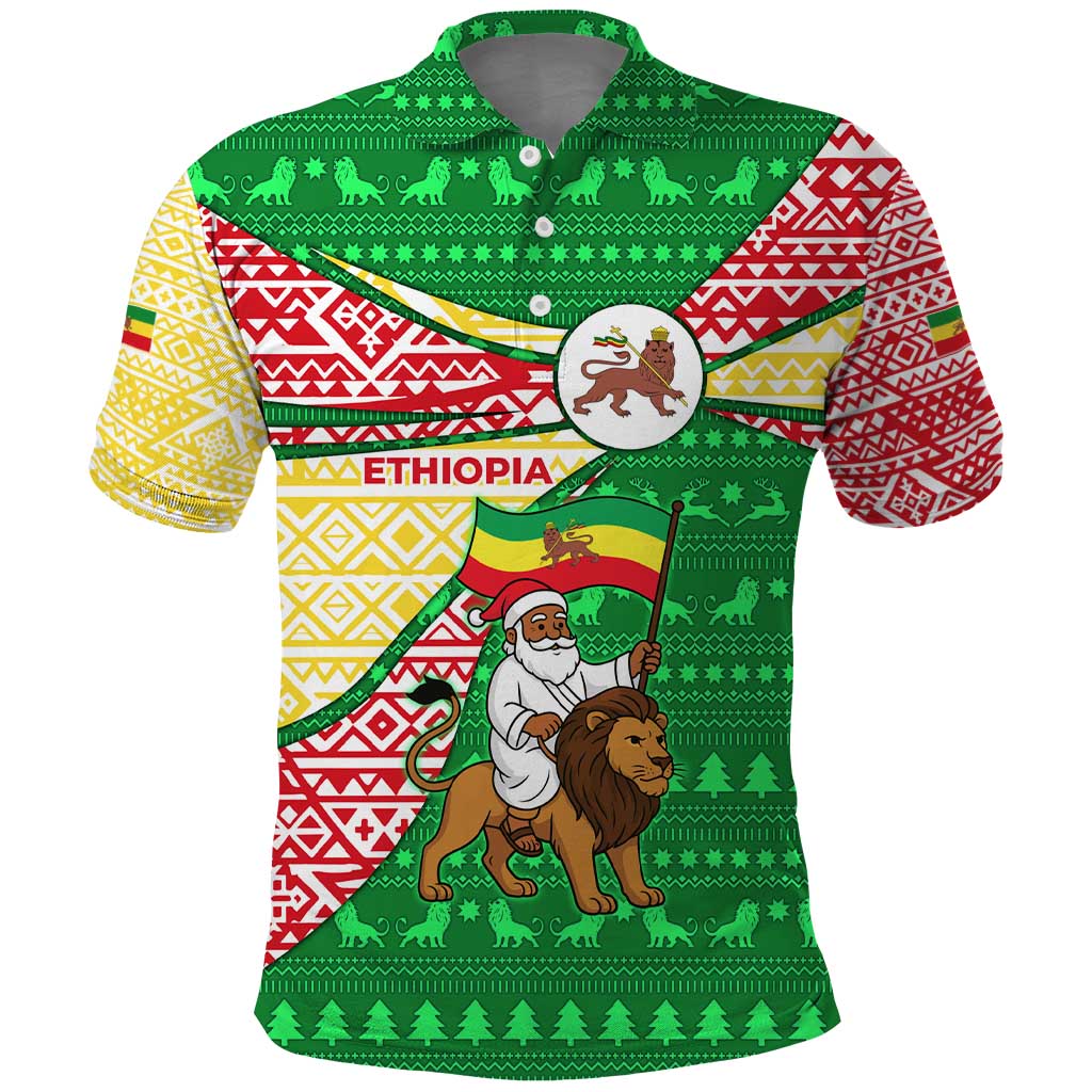 Ethiopia Christmas Polo Shirt with Santa Riding Lion Ethiopian Flag Colors and Tribal Pattern Design - Shopicos