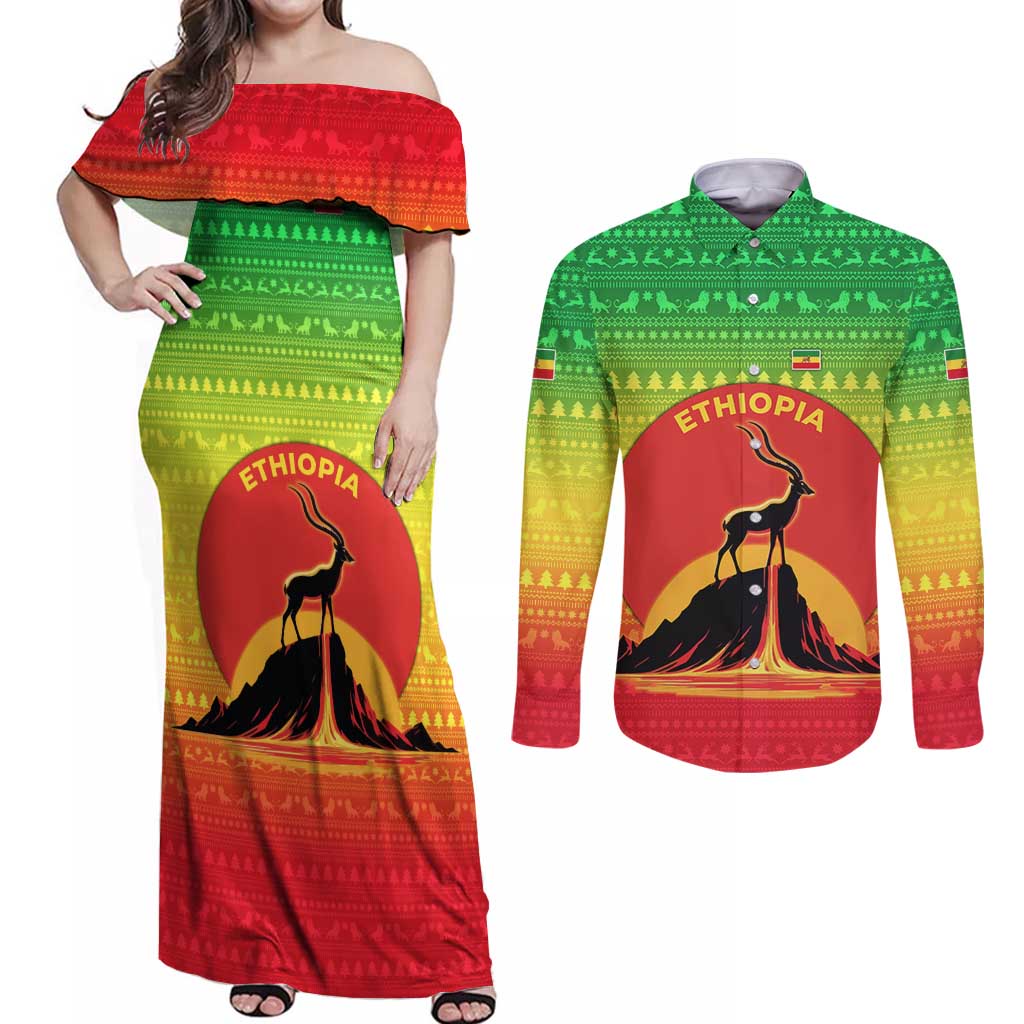 Ethiopia Christmas Couples Matching Off Shoulder Maxi Dress and Long Sleeve Button Shirt with Mountain Gazelle Sunset Ethiopian Flag Colors and Tribal Pattern Design - Shopicos