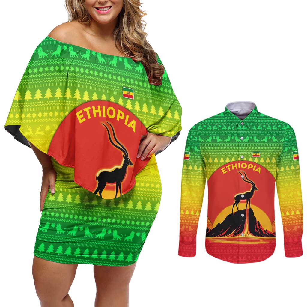 Ethiopia Christmas Couples Matching Off Shoulder Short Dress and Long Sleeve Button Shirt with Mountain Gazelle Sunset Ethiopian Flag Colors and Tribal Pattern Design - Shopicos