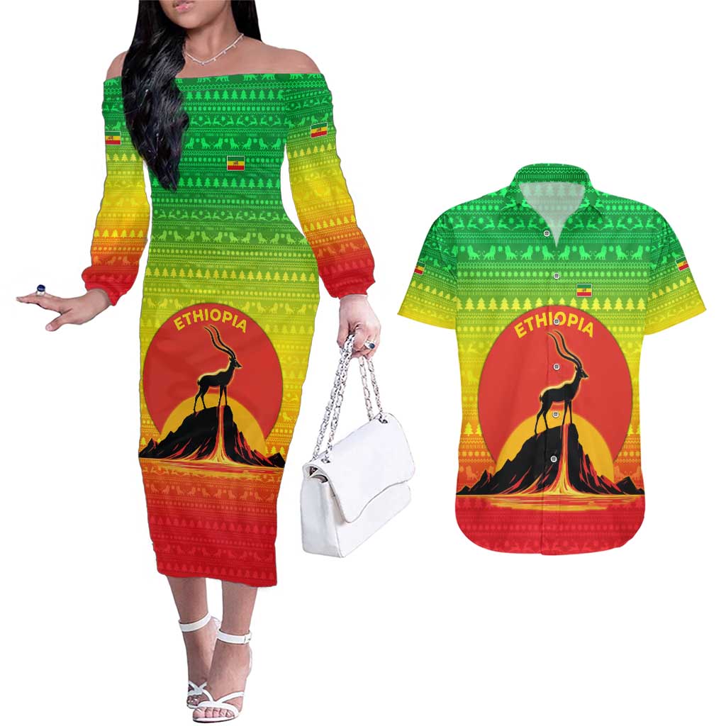 Ethiopia Christmas Couples Matching Off The Shoulder Long Sleeve Dress and Hawaiian Shirt with Mountain Gazelle Sunset Ethiopian Flag Colors and Tribal Pattern Design - Shopicos