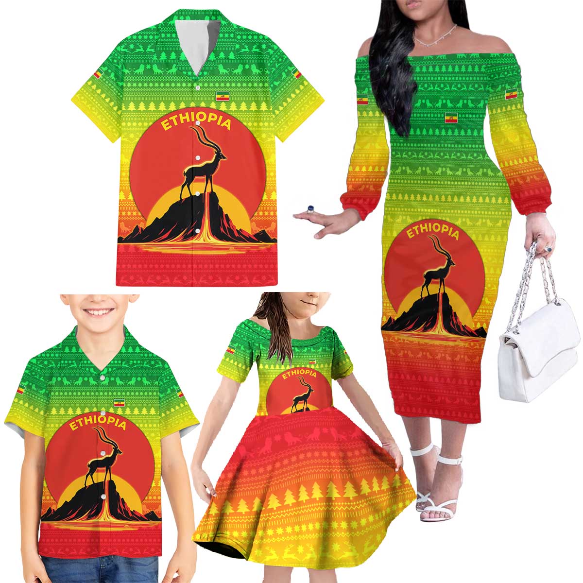 Ethiopia Christmas Family Matching Off The Shoulder Long Sleeve Dress and Hawaiian Shirt with Mountain Gazelle Sunset Ethiopian Flag Colors and Tribal Pattern Design - Shopicos