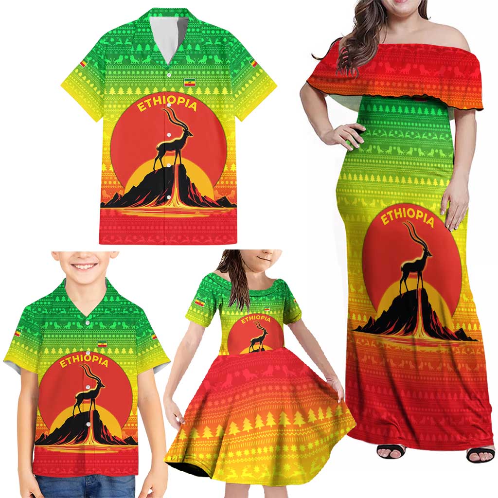 Ethiopia Christmas Family Matching Off Shoulder Maxi Dress and Hawaiian Shirt with Mountain Gazelle Sunset Ethiopian Flag Colors and Tribal Pattern Design - Shopicos
