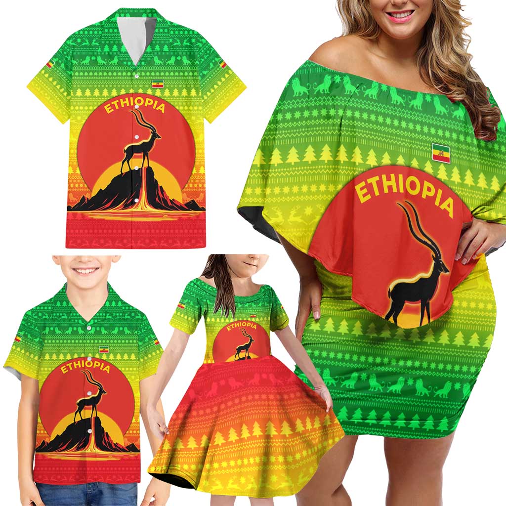 Ethiopia Christmas Family Matching Off Shoulder Short Dress and Hawaiian Shirt with Mountain Gazelle Sunset Ethiopian Flag Colors and Tribal Pattern Design - Shopicos