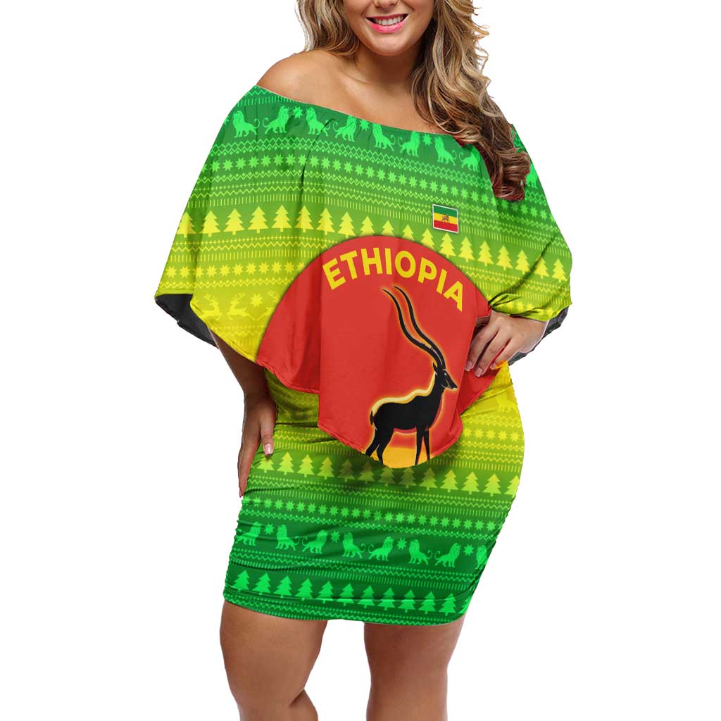Ethiopia Christmas Off Shoulder Short Dress with Mountain Gazelle Sunset Ethiopian Flag Colors and Tribal Pattern Design - Shopicos