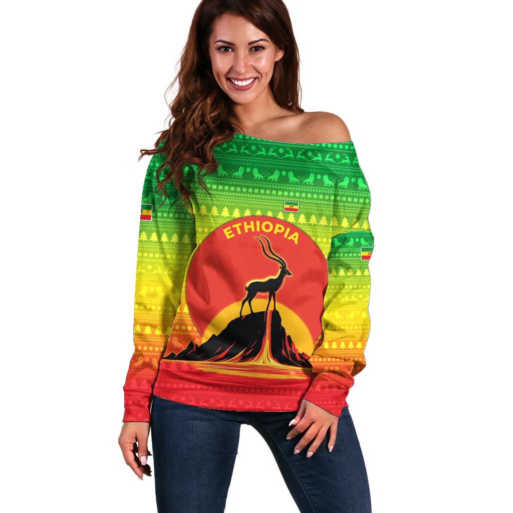 Ethiopia Christmas Off Shoulder Sweater with Mountain Gazelle Sunset Ethiopian Flag Colors and Tribal Pattern Design - Shopicos