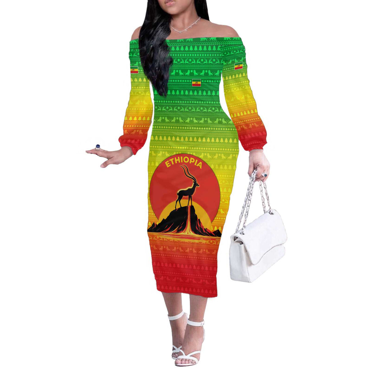 Ethiopia Christmas Off The Shoulder Long Sleeve Dress with Mountain Gazelle Sunset Ethiopian Flag Colors and Tribal Pattern Design - Shopicos