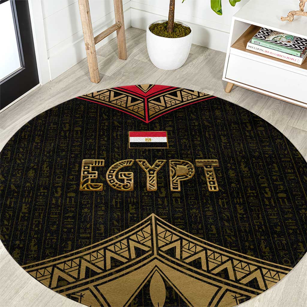 Ankh Eye of Horus Egypt Round Carpet with Ancient Black Gold Hieroglyph Spirit