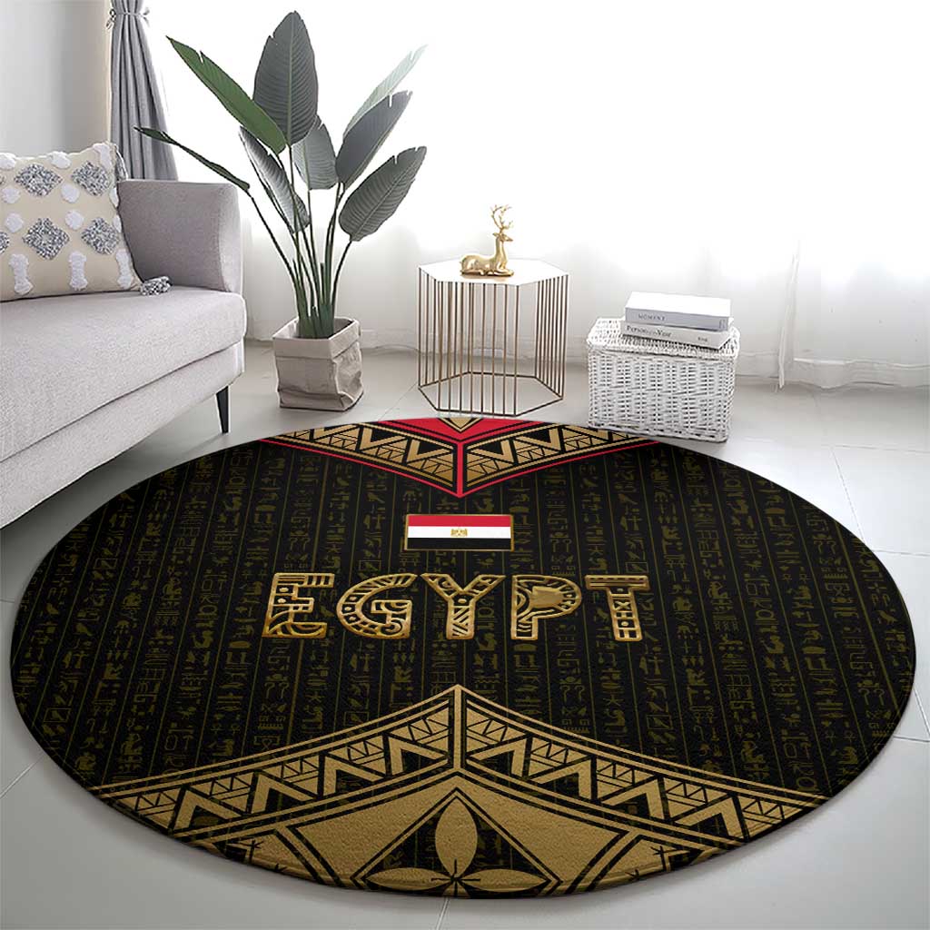 Ankh Eye of Horus Egypt Round Carpet with Ancient Black Gold Hieroglyph Spirit