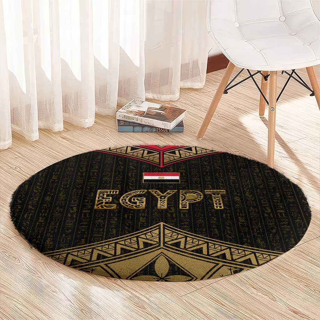 Ankh Eye of Horus Egypt Round Carpet with Ancient Black Gold Hieroglyph Spirit