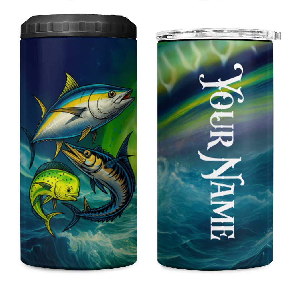 Offshore Fishing Custom 4 in 1 Can Cooler Tumbler Tuna Mahi Mahi and Wahoo in Ocean Wave Design - Shopicos