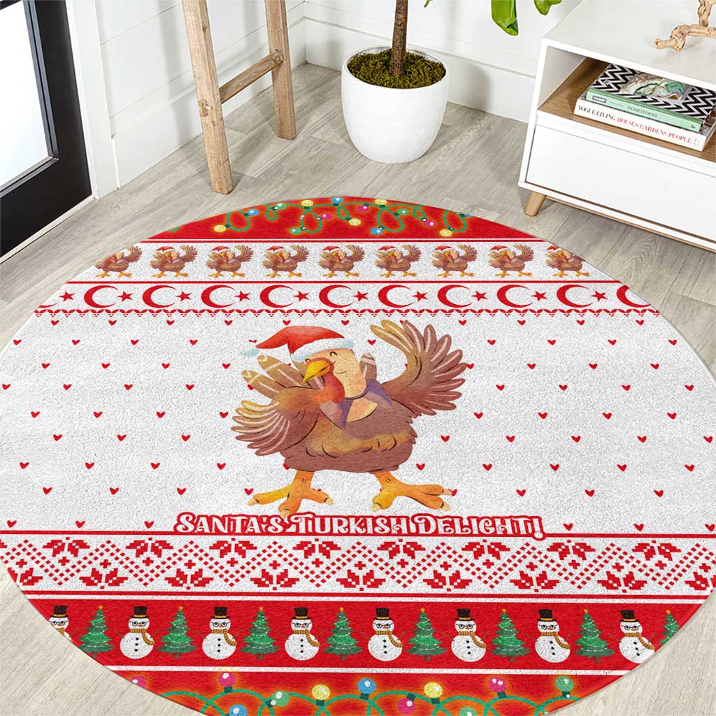 Turkey Christmas Round Carpet with Santa Turkey Red Crescent Pattern Snowmen and Festive Lights - Shopicos
