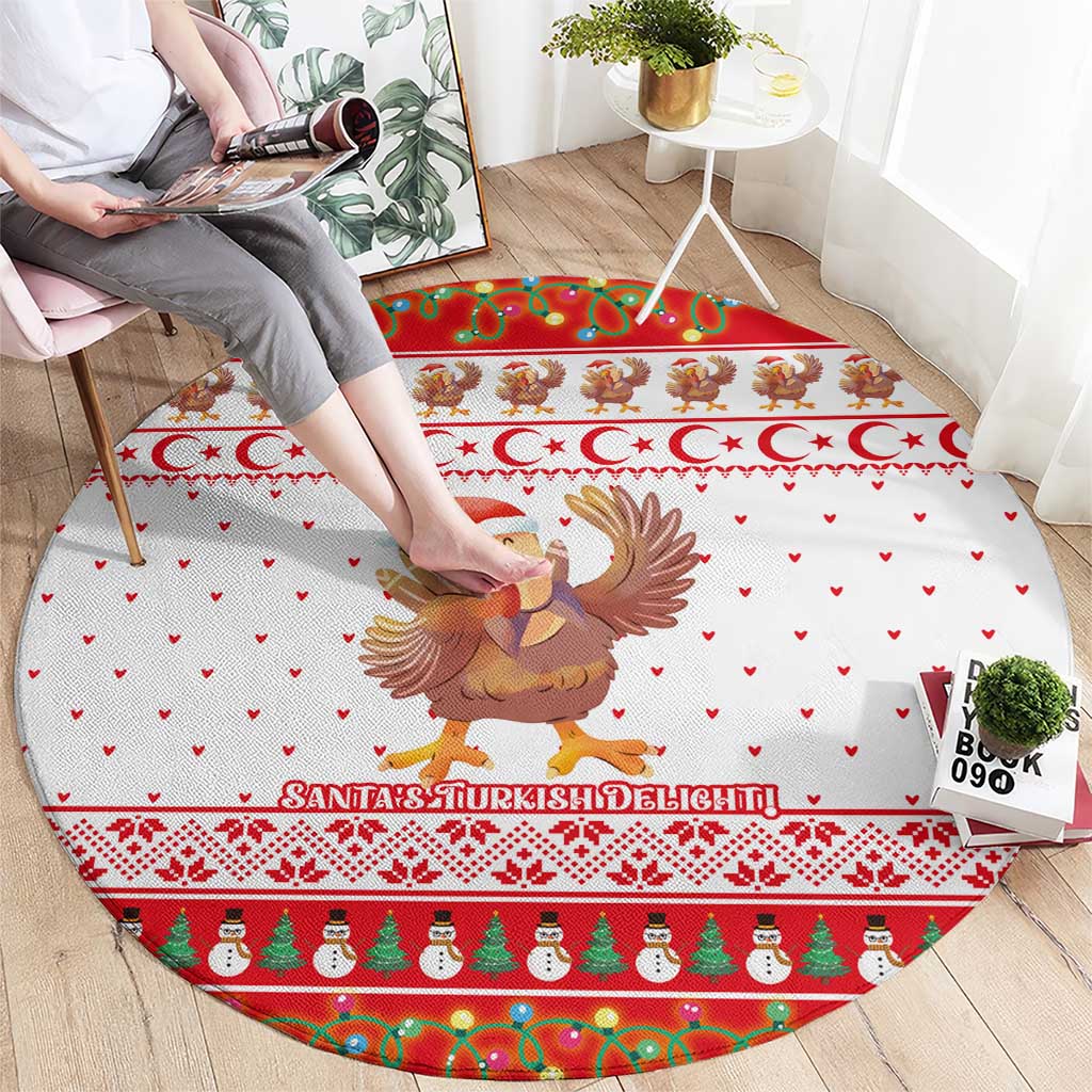 Turkey Christmas Round Carpet with Santa Turkey Red Crescent Pattern Snowmen and Festive Lights - Shopicos
