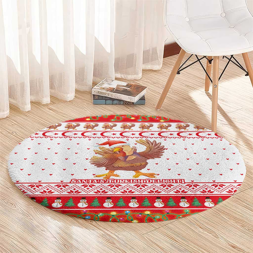 Turkey Christmas Round Carpet with Santa Turkey Red Crescent Pattern Snowmen and Festive Lights - Shopicos