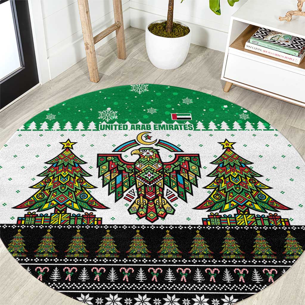 United Arab Emirates Christmas Round Carpet with Falcon Tree Design Snowflake Pattern and National Emblem - Shopicos