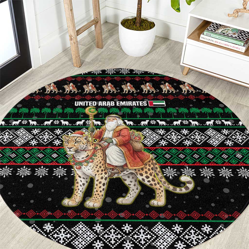 United Arab Emirates Christmas Round Carpet with Santa Riding Cheetah Black Snowflake Pattern and Palm Tree - Shopicos