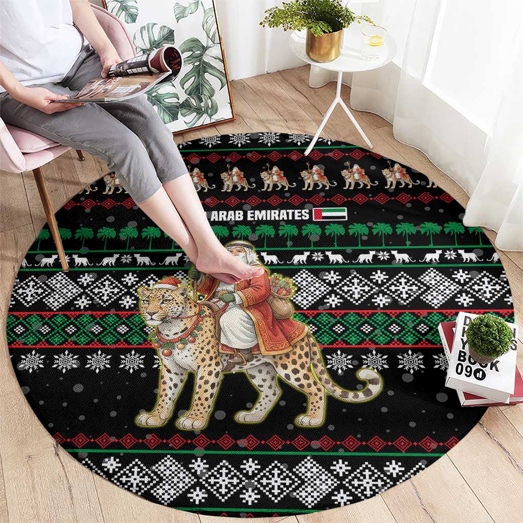 United Arab Emirates Christmas Round Carpet with Santa Riding Cheetah Black Snowflake Pattern and Palm Tree - Shopicos
