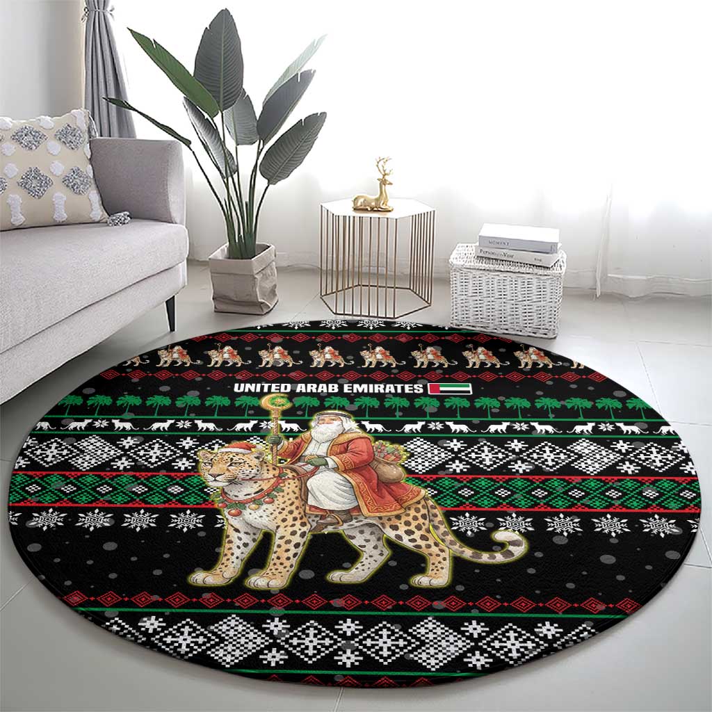 United Arab Emirates Christmas Round Carpet with Santa Riding Cheetah Black Snowflake Pattern and Palm Tree - Shopicos